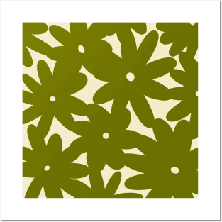 Retro 70s Bold Flowers Pattern Green Posters and Art